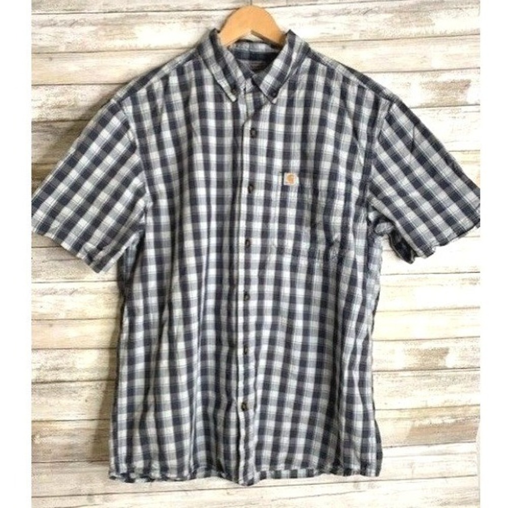 Carhartt Mens Relaxed Fit Gray/Blue Plaid Button-Down Short Sleeve Shirt Size‎ L